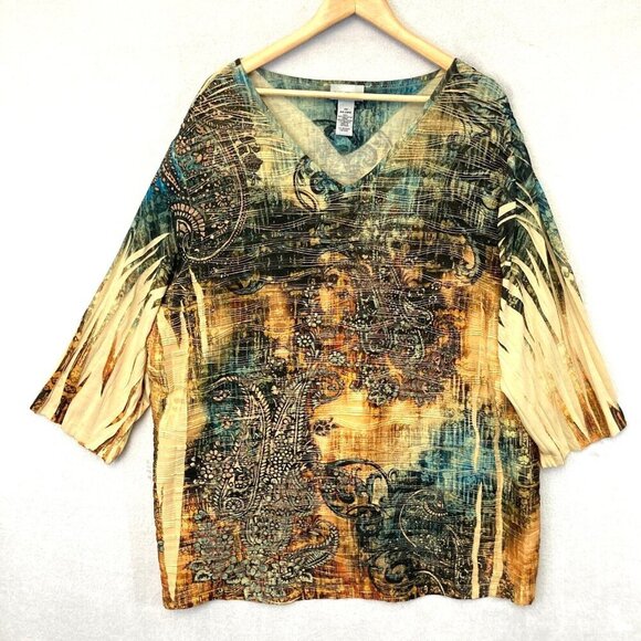 Catherines Textured 3/4 Sleeve Tunic Top Sz 3X V-Neck Artsy Earthy Paisley Boho - Picture 1 of 13
